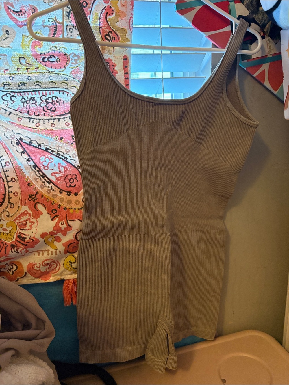 villager Ribbed Scoop-Neck Romper in Brown